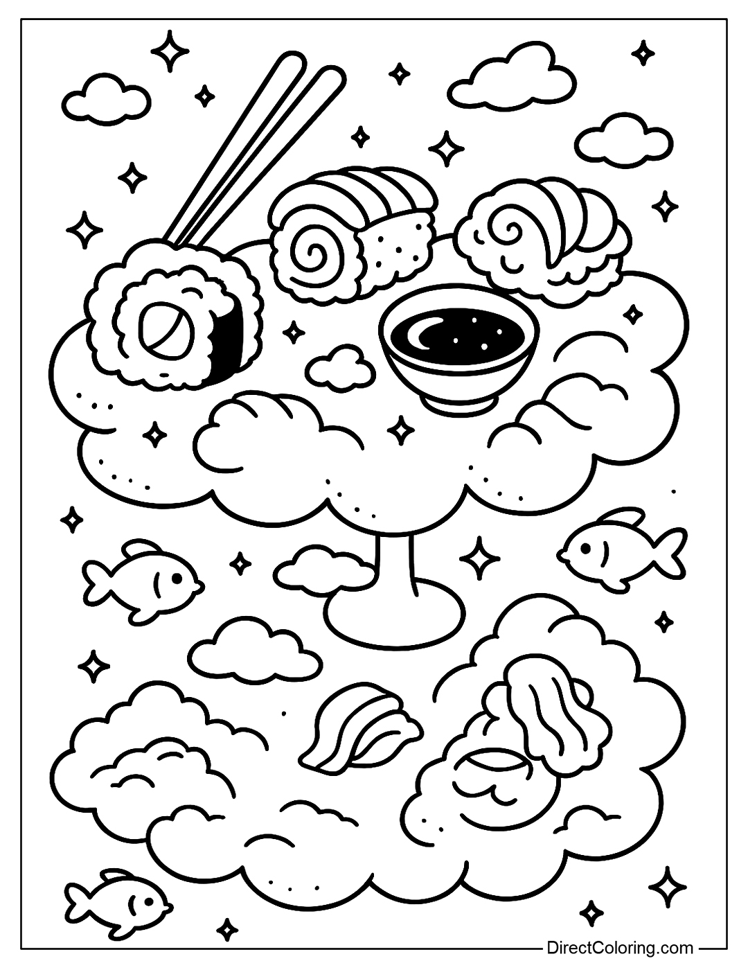 sushi table-shaped clouds, with smaller clouds representing sushi rolls, cloud chopsticks, and bowls of moon-colored dipping sauce coloring page